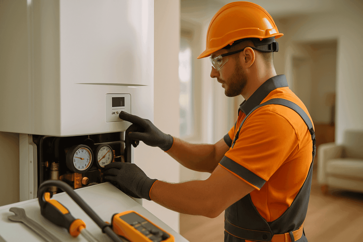 Residential heating technician wearing PPE adjusts modern heating unit inside clean home