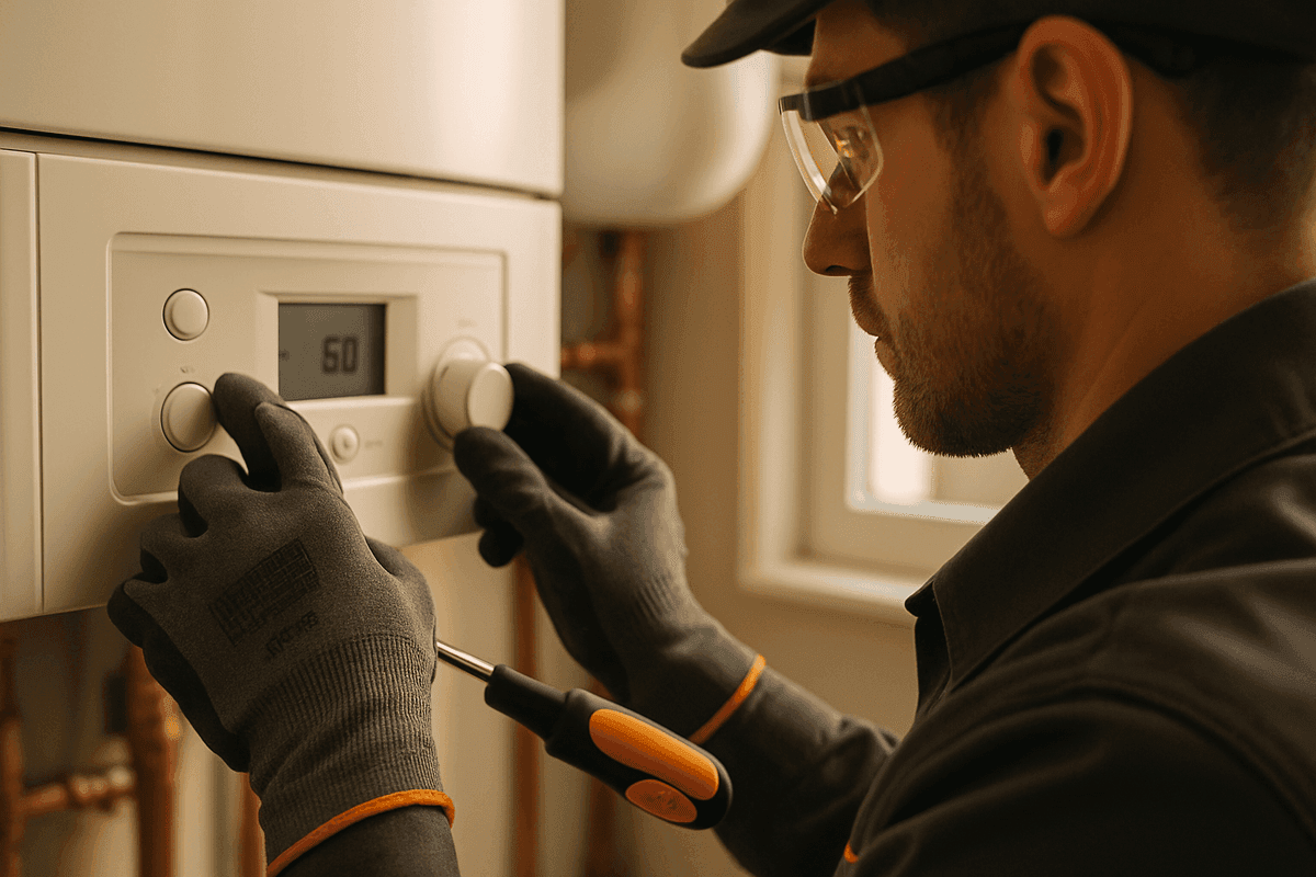 Gloved hands of HVAC technician adjusting residential heating system control panel indoors